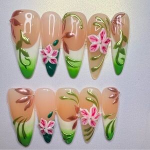 Floral Green Ombre Press-On Nails with 3D Pink Flowers